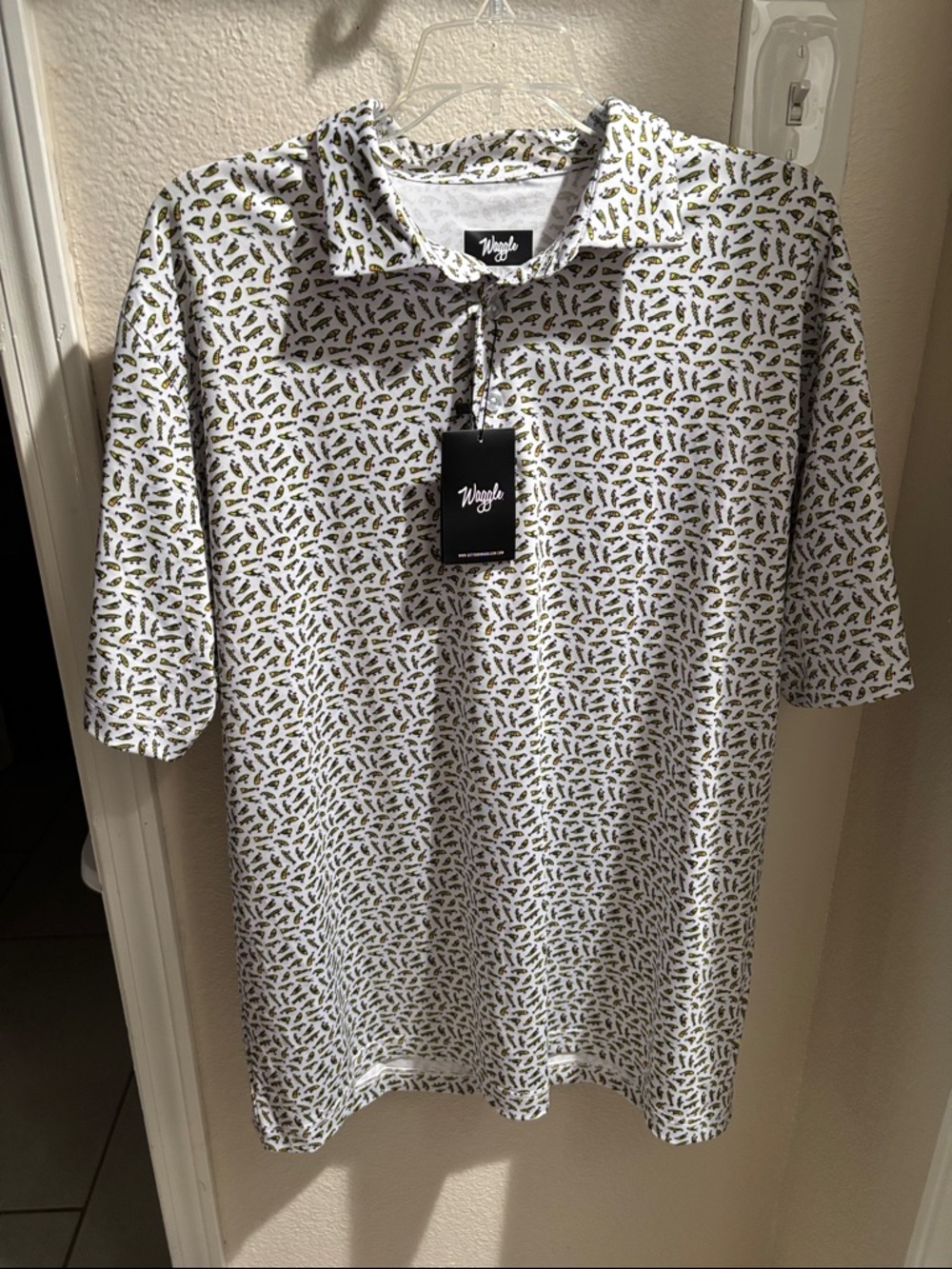 Waggle White Polo with Fishing Tackle Print XL NWT